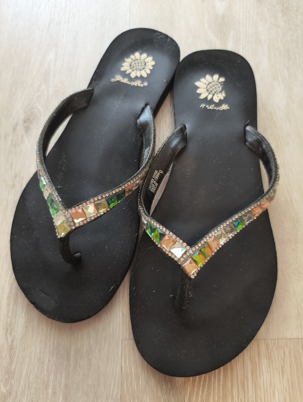 Black Bejeweled Flip Flop Sandals - Yellow Box